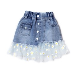 3-10Y Kids Girls Daisy Paneled Mesh Denim Skirts  Girls Fashion Clothes  