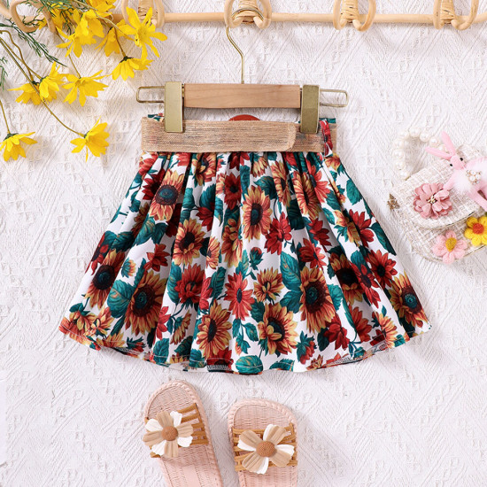 18M-6Y Toddler Girls Summer Sunflower Print Skirt With Belt  Girls Clothes  