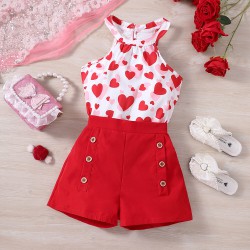 4-9Y Kids Girls Valentine's Day Love Halterneck Top Double Breasted Shorts Set  Kids Clothes  