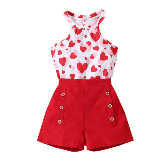 4-9Y Kids Girls Valentine's Day Love Halterneck Top Double Breasted Shorts Set  Kids Clothes  