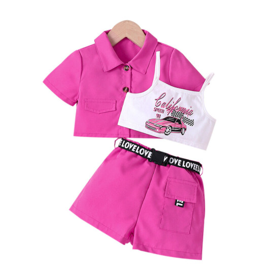 18M-6Y Toddler Girls 3pcs Rose Lapel Jackets & Cami Tops & Shorts  Girls Clothes  