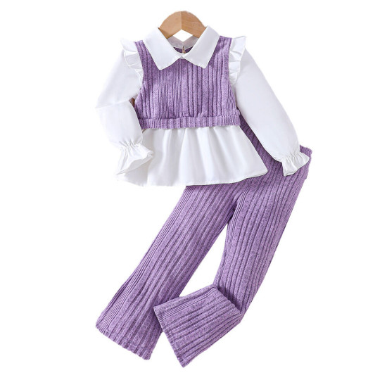 2-6Y Toddler Girls Fake Two Piece Shirt Knitted Pants Sets  Girls Clothes  