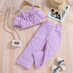 3-7Y Toddler Girls Sets Purple Bow Cami Tops And Pants  Girls Clothes  