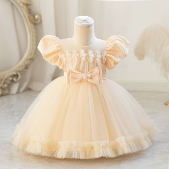 9M-4Y Toddler Girls Puff Sleeve Bow Mesh Princess Dresses  Girls Clothes  