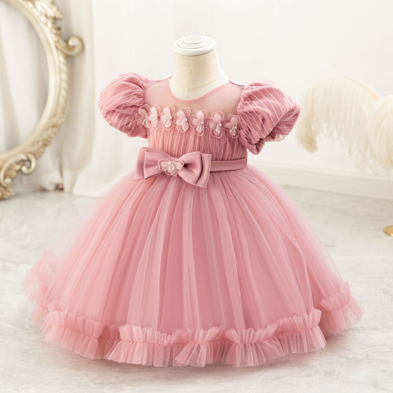 9M-4Y Toddler Girls Puff Sleeve Bow Mesh Princess Dresses  Girls Clothes  