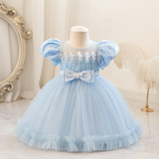 9M-4Y Toddler Girls Puff Sleeve Bow Mesh Princess Dresses  Girls Clothes  