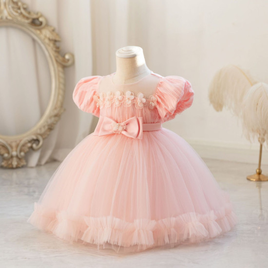 9M-4Y Toddler Girls Puff Sleeve Bow Mesh Princess Dresses  Girls Clothes  