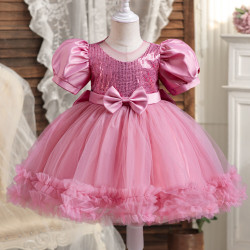 9M-5Y Toddler Girls Puff Sleeve Bow Mesh Princess Dress  Girls Clothes  