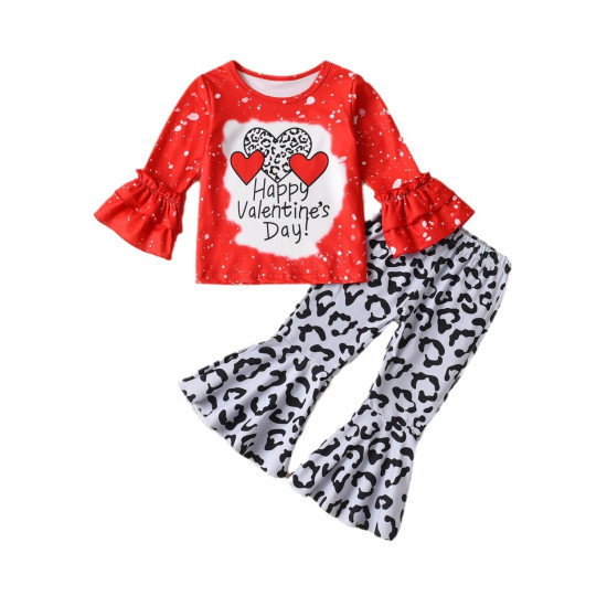 18M-6Y Valentine's Day Toddler Girls 2pcs Letter Tops Leopard Print Flared Pants  Girls Clothes  