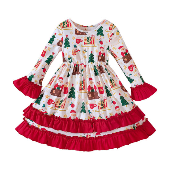 18M-6Y Toddler Girls Christmas Ruffle Bell Sleeve Dress  Girls Clothes  