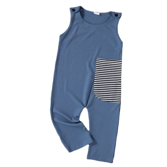 Sleeveless Striped Ribbing Boys Blue Jumpsuit  