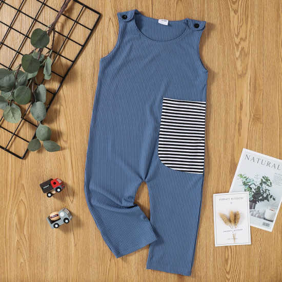 Sleeveless Striped Ribbing Boys Blue Jumpsuit  