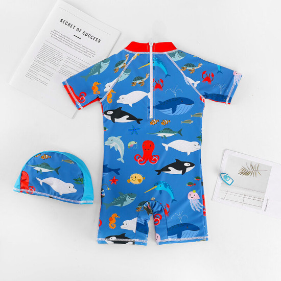 Let's Go Surf Octopus Print Little Boys Swimwear Rompers With Hats  