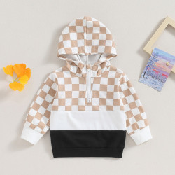 12M-5Y Toddler Boys Plaid Color Block Long Sleeve Hooded Sweatshirt  Boys Clothes  