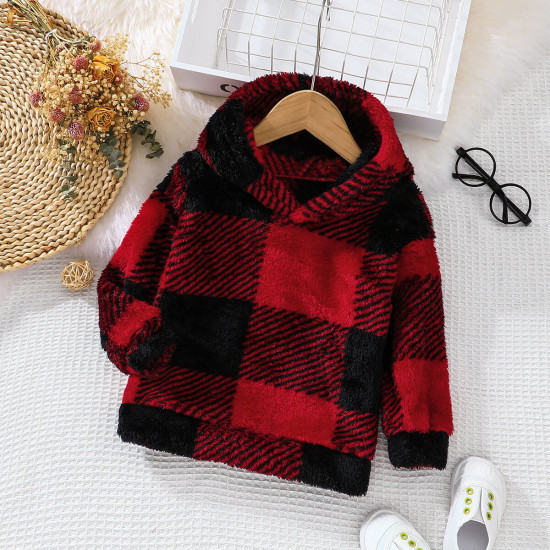 3-7Y Toddler Boys Red Plaid Long Sleeve Hooded Sweatshirt  Boys Boutique Clothing  