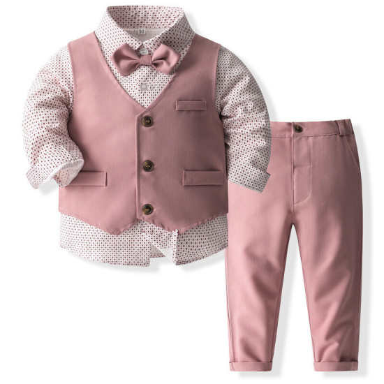 12M-5Y Toddler Boys Pink Suit Sets Shirts & Suspender Pants & Vest  Boys Clothing  