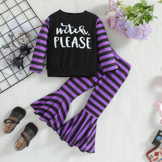 12M-5Y Halloween Color Contrast Suit Pullover & Purple Striped Bell Bottom Pants  Girls Clothes  