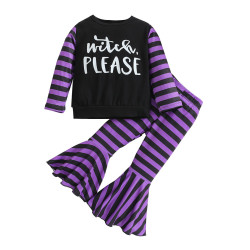 12M-5Y Halloween Color Contrast Suit Pullover & Purple Striped Bell Bottom Pants  Girls Clothes  