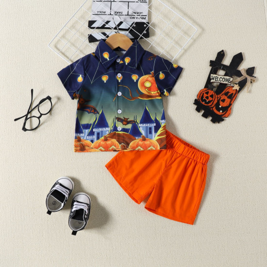 18M-6Y Toddler Boys Halloween Pumpkin Spooky Print Shirt And Shorts Set  Boys Clothing  