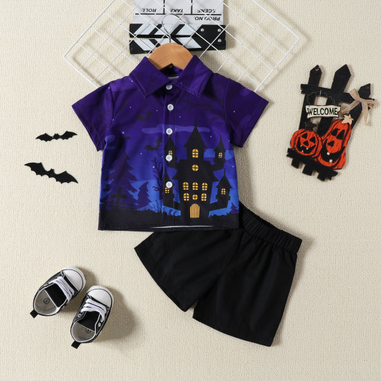 18M-6Y Toddler Boys Halloween Pumpkin Spooky Print Shirt And Shorts Set  Boys Clothing  