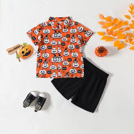 9M-4Y Toddler Boys Halloween Cartoon Pumpkin Print Shirt Shorts Set  Boys Clothing  