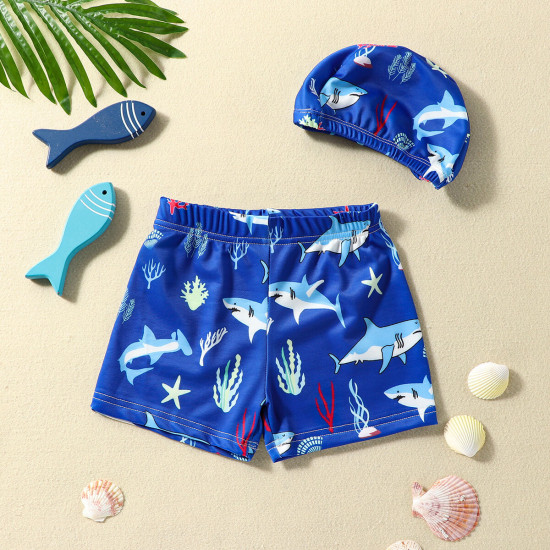 3-7Y Toddler Boy Cartoon Print Swimming Shorts And Cap  Boys Clothing  