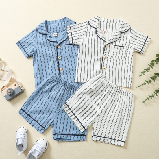 18M-6Y Toddler Boy Intimates & Pajamas Sets Short-Sleeved Vertical Striped Single-Breasted Top And Shorts  Baby Clothes Suppliers  